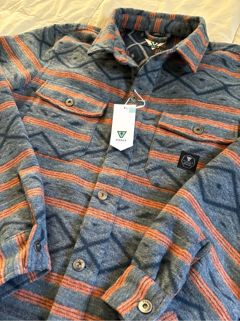 VISSLA west coast flannel overshirt MenXL Heather Blue Shirt with Orange Stripe